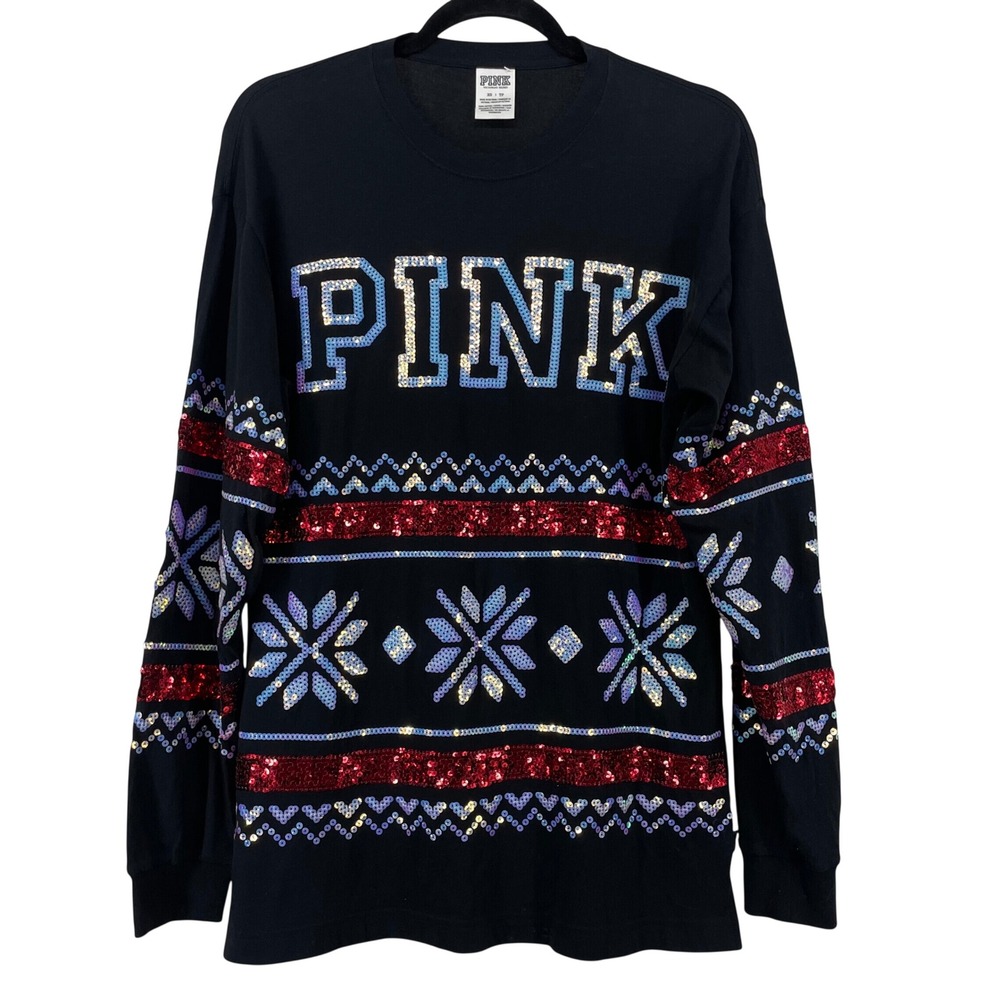 PINK Victorias Secret SZ XS Long Sleeve T-Shirt Black Sequin Snowflake Oversized